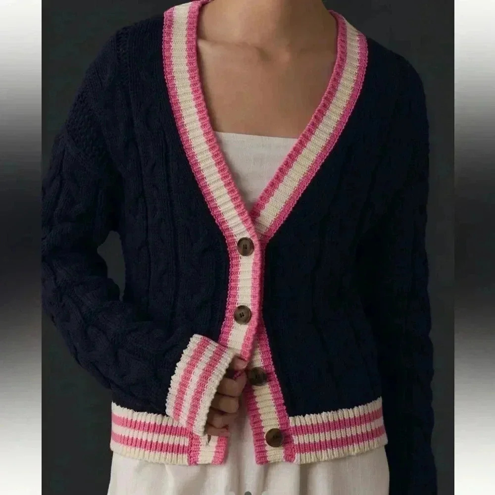 NWT • Anthropologie Maeve Varsity Cable Knit Cardigan Sweater Navy/Pink Small - Picture 2 of 9